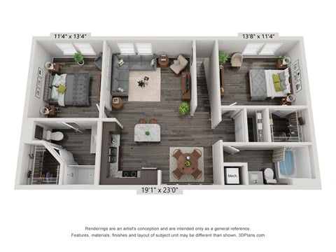 Floor plan for 2 beds, 2 baths, 1062 sqft